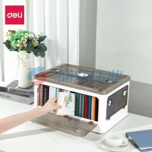 得力(deli)可折叠书籍桌面收纳箱透明书箱书本大号整理箱学生宿舍储物箱带滑轮 白色PG102