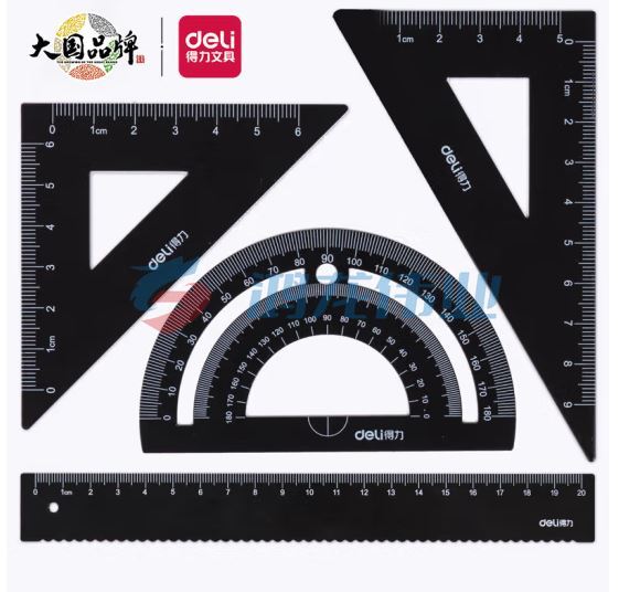 得力(deli)金属学生高考中考考试绘图套尺 20cm波浪边直尺/三角尺/量角器 文具套装 黑色  TJZ202308181620520