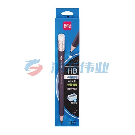 得力S955-HB 黑杆办公皮头HB铅笔(黑)(12支/盒)