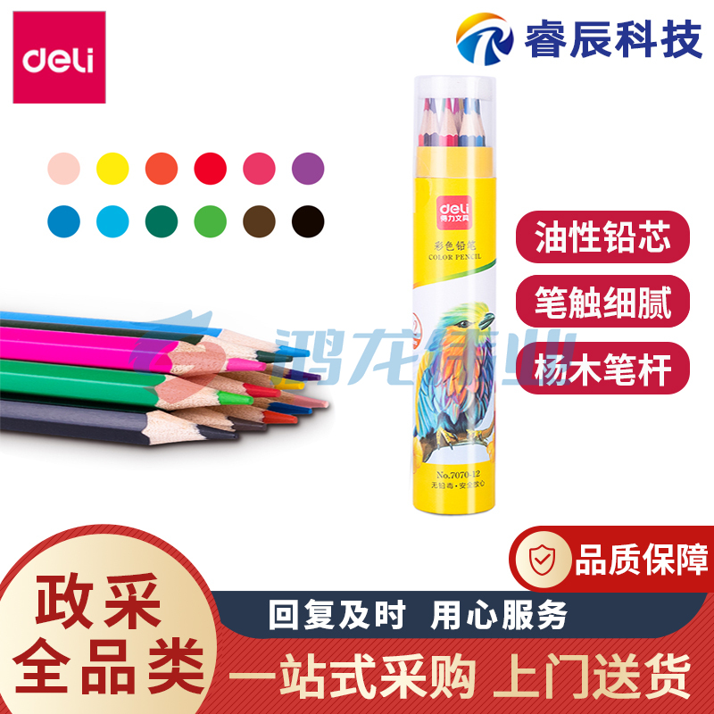 得力7070-12油性彩色铅笔六角杆彩铅美术学生手绘画笔套装(12色/筒)