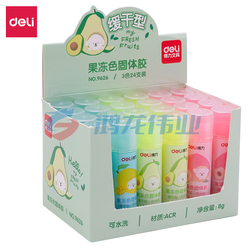 得力 (deli) 9626  8g果冻色ACR固体胶水 清新可爱彩色胶棒 高粘顺滑可水洗 3色/24支/盒   (单位：盒)JDXC02090549566174