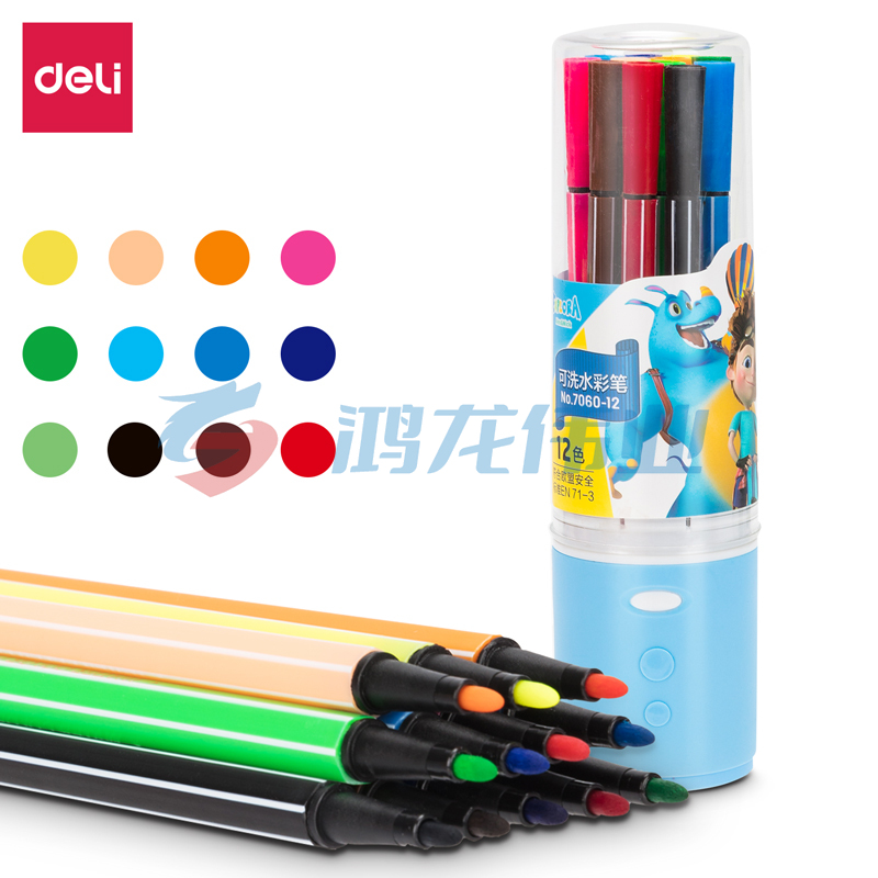得力（deli）7060-12色细六角杆水彩笔(蓝)(桶)