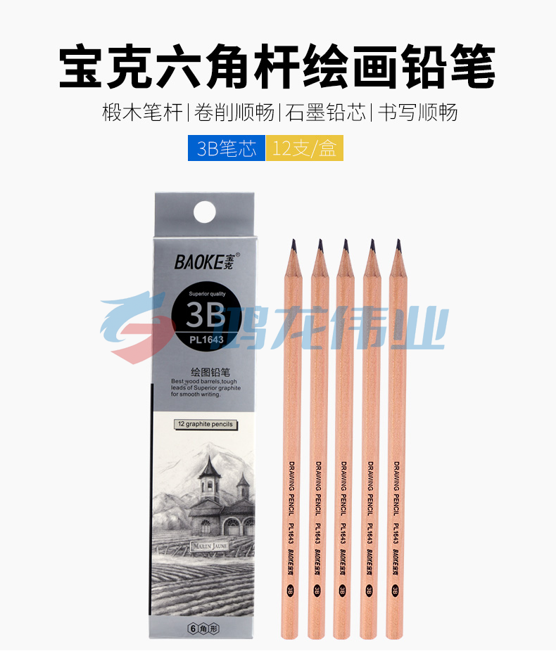 宝克（BAOKE）PL1643 办公绘图铅笔 绘画素描学生铅笔 多灰度 3B 12支pcyg-230111175222