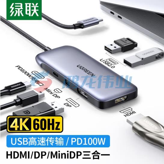 绿联(UGREEN)CM384 Type-C扩展坞80865 USB-C转HDMI/DP/MiniDP转换器分线器 深空灰
